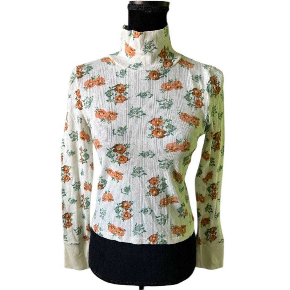 Aerie Womens White Floral Cropped Ribbed Turtleneck Long Sleeve Top Small